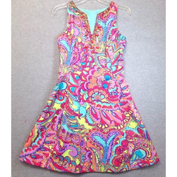 Lilly Pulitzer Dresses & Skirts - Lilly Pulitzer Lloyd Dress Feeling Groovy Jeweled Retro Look Size‎ 2 Lined READ